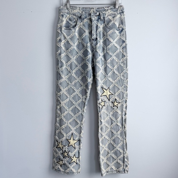 NWT Supermade High Rise Star Patch Rhombus Distressed Denim Straight Leg Jeans L - Picture 12 of 16